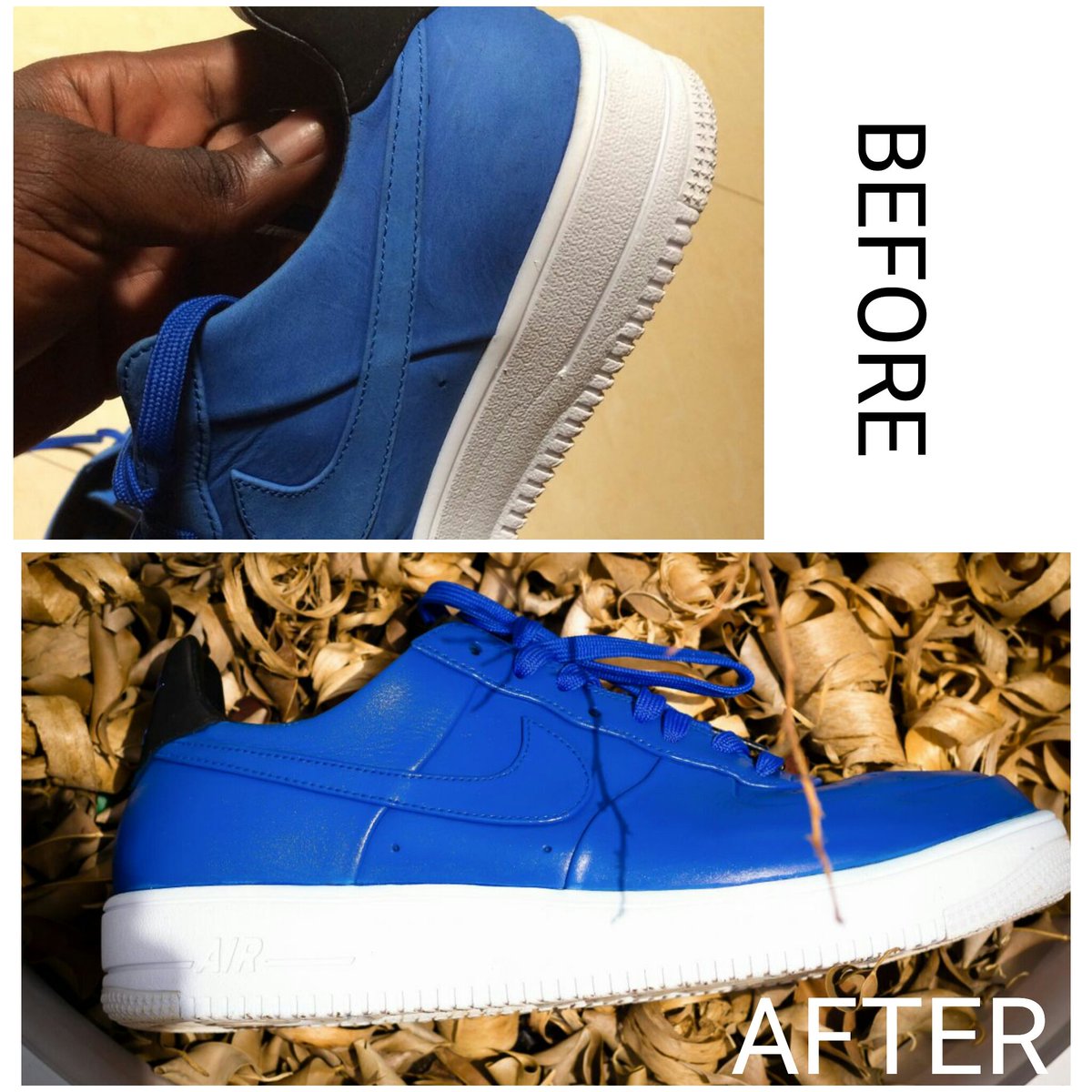JBC_GH's tweet photo. Nike Air Force Ones, blue faded... Restored the blue colour. Life's too short for faded vibes #TheJBCEffect https://t.co/murbUCBwMv