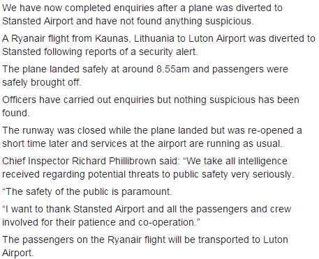 EssexPoliceUK's tweet photo. We have now completed our enquiries after a plane was diverted to #StanstedAirport and have not found anything suspicious. https://t.co/EUkoSdqFVb