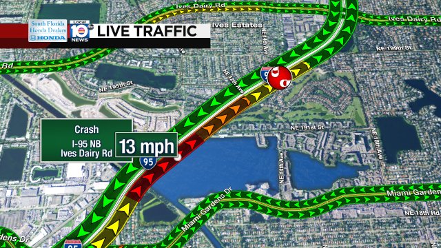 Crash on I-95 NB approaching Ives Dairy Rd #traffic https://t.co/C1K6FVMR3J