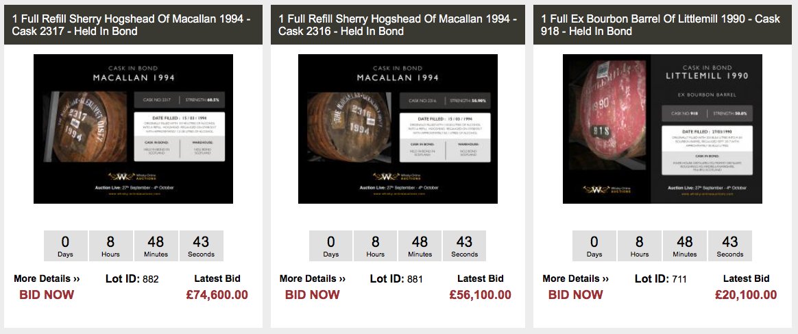 Just 8 hours remaining of our LIVE September @whiskyAuction. Don't miss out on these Full Casks in Bond. BID HERE: whisky-onlineauctions.com/search/index.p…