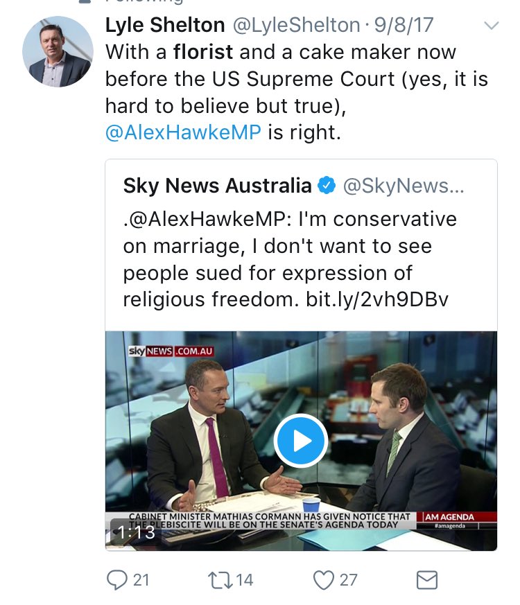 JoshButler's tweet photo. Lyle: florists and bakers should be free to refuse service to gay couples

Also Lyle: refusing service to No groups is "unbelievable" https://t.co/LtSwVfDOUY