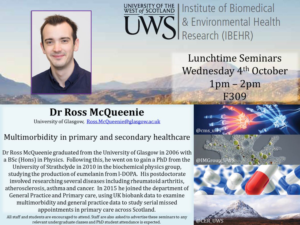 DrIMcLellanUWS's tweet photo. Our #IBEHR #research seminars continue today with Dr Ross McQueenie presenting on 'Multimorbidity in primary & secondary healthcare' https://t.co/bW1QdHZ3Xo