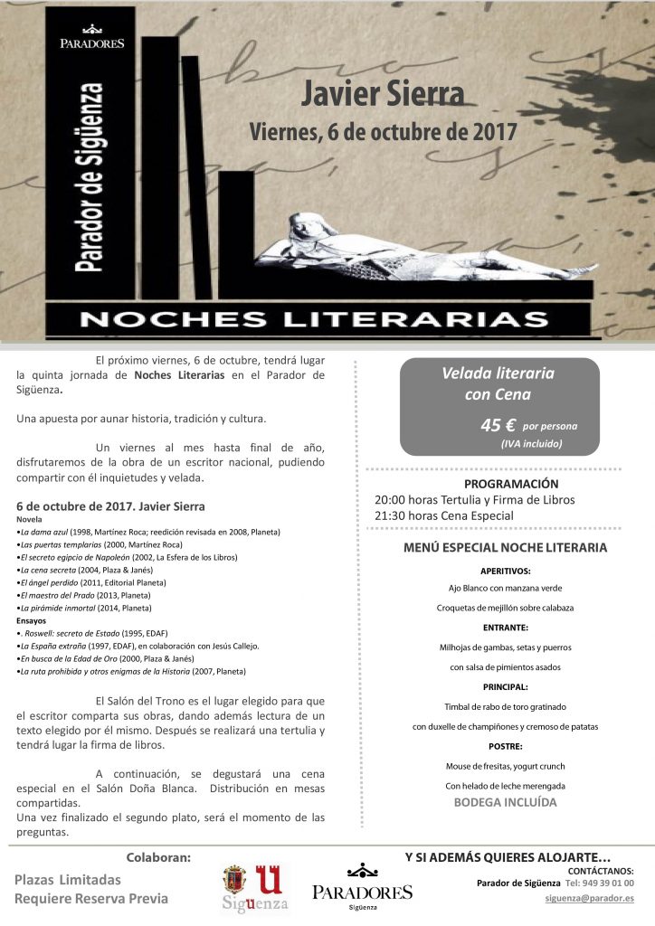 Universo_libros's tweet photo. Regresan las Noches Literarias en el Parador de Sigüenza (@paradores), este viernes con  @Javier__Sierra https://t.co/EQckxCHOHO