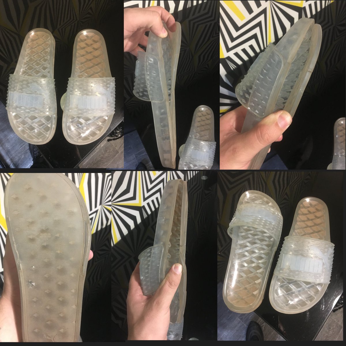 aaron_sfd's tweet photo. @PUMA @FENTYXPUMA  CAN YOU PLEASE TELL ME HOW THIS HAPPENS TO YOUR #SLIDERS AFTER A WEEK OF WEAR?? https://t.co/ZATscSaF01