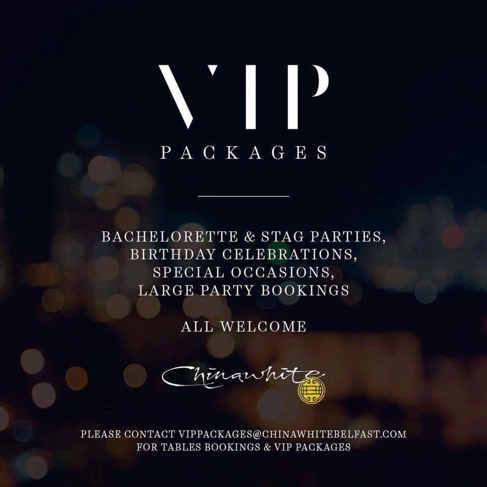 💮 Chinawhite VIP Packages 💮

Have a special event coming up? 🍾🥂🎉

Let us arrange your VIP treatment for the evening✨

#ChinawhiteNI #VIP
