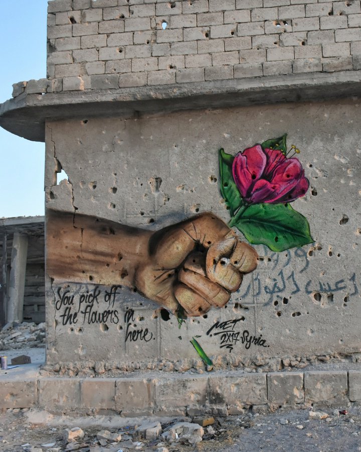 globalstreetart's tweet image. A powerful piece 'You pick off the flowers in here' by @meturkmen_ painted in #Syria war zone. 
--
#streetart #urbanart #art #warart