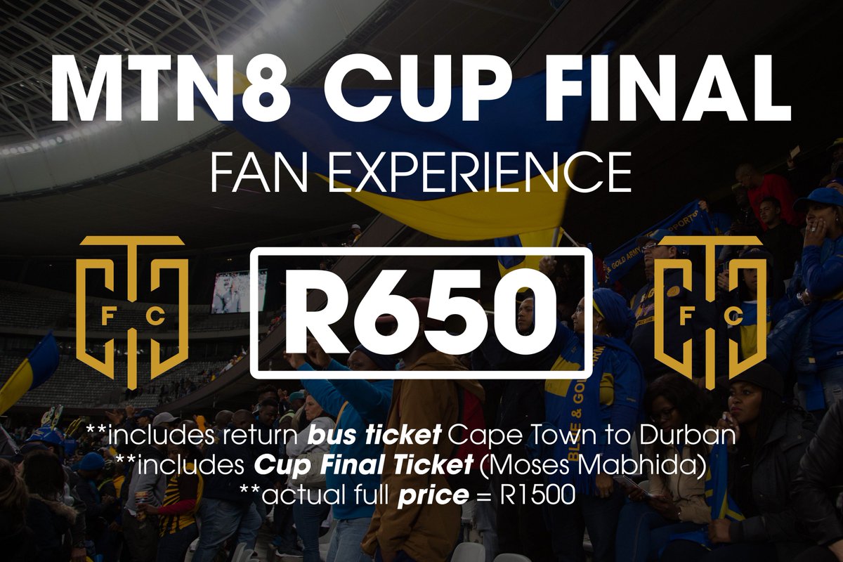 CapeTownCityFC's tweet image. FAN ALERT!
Tickets for #MTN8Final experience are R650. Includes return bus ticket CPT↔️DBN and @MTN8 match ticket. 

More info below: