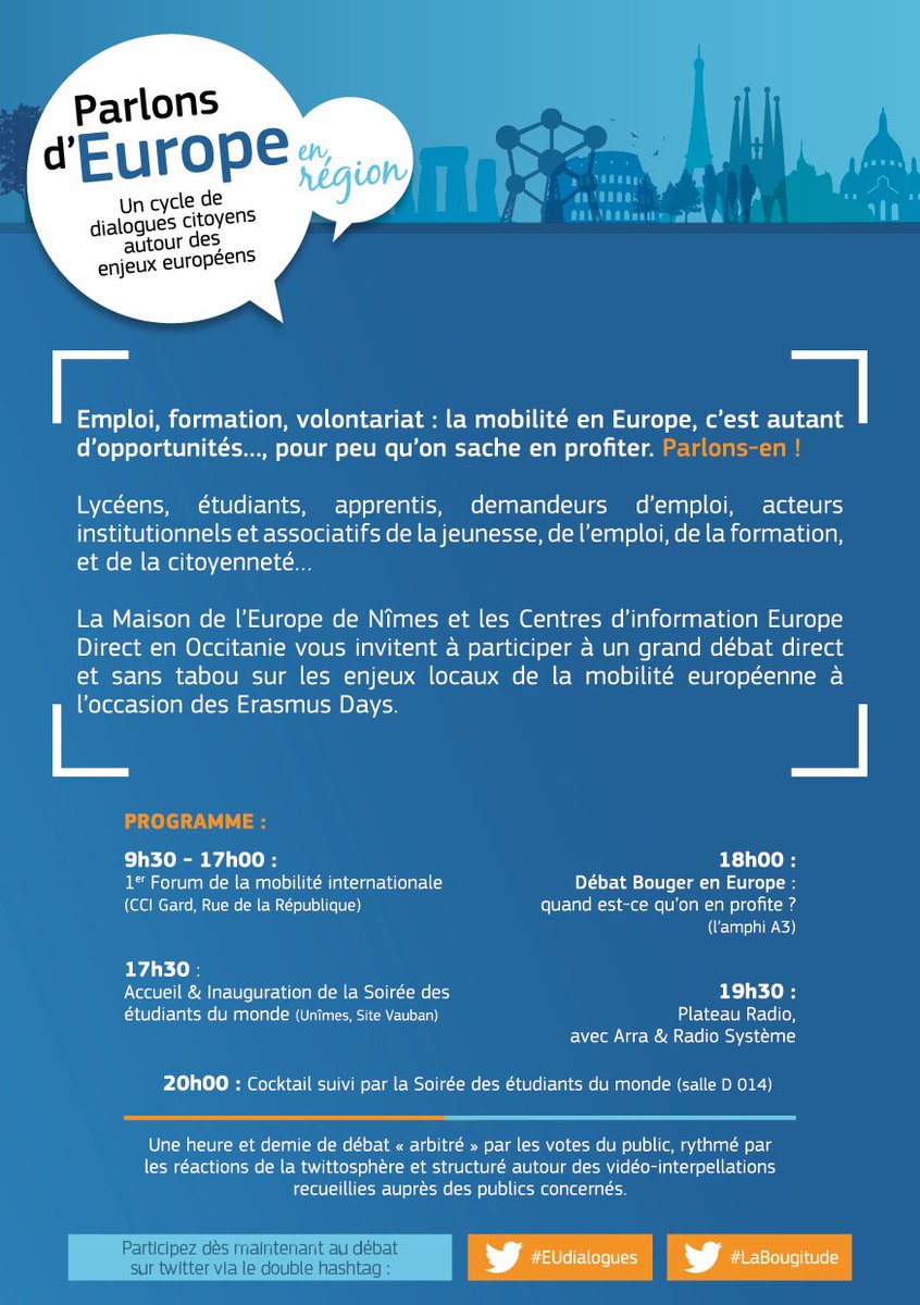 MdEuropeNimes's tweet photo. "Bouger en #Europe : quand est-qu'on en profite?" Venez en débattre à #Nîmes! #LaBougitude #EUdialogue @UEMarseille @Gard @ErasmusplusFR https://t.co/FeGAi2NJbw