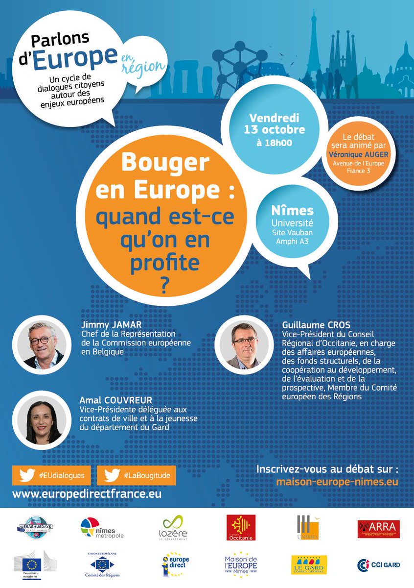 MdEuropeNimes's tweet photo. "Bouger en #Europe : quand est-qu'on en profite?" Venez en débattre à #Nîmes! #LaBougitude #EUdialogue @EUROPEDIRECTPLR @radio_systeme https://t.co/wRhx9xium9