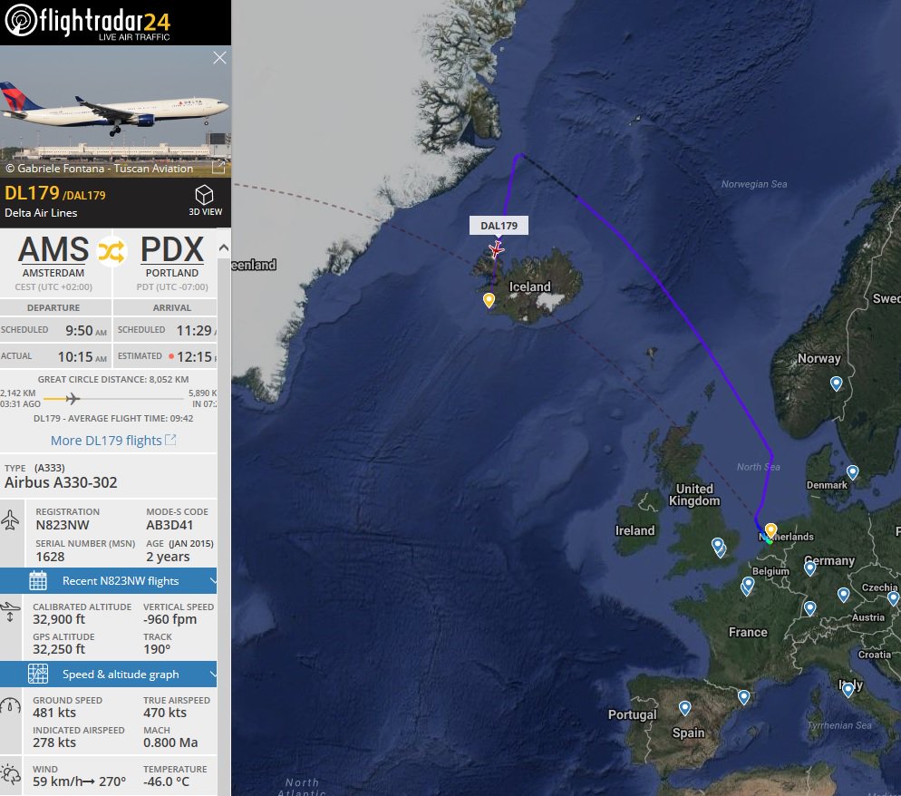 AirportWebcams's tweet photo. LIVE: @Delta #DL179 Amsterdam Schiphol-Portland (A330 N823NW) is diverting to Keflavik. Reason not yet known. https://t.co/Q5HHMDwnox
