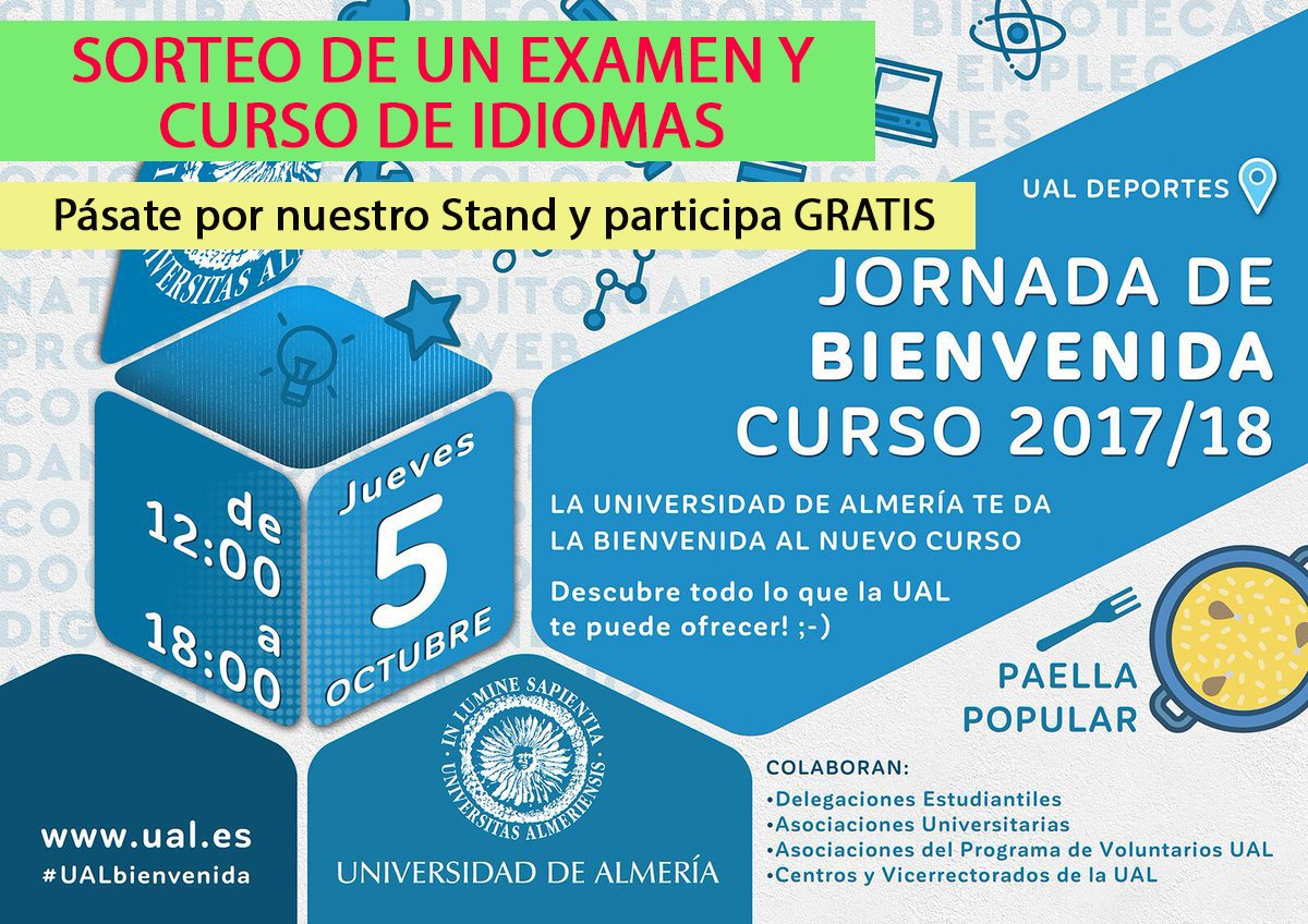¡¡ SORTEO DE EXAMEN Y CURSO GRATIS !!
Pásate el 5 de Octubre por nuestro Stand en el Pabellón de UAL. <a href="/ualmeria/">Universidad de Almería</a>
facebook.com/clenguasual/
