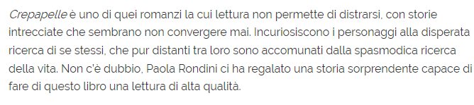 Crepapelle_Edo's tweet photo. Grazie a @amantilibri e a #ClaraDomenino per questa bella recensione di #Crepapelle
https://t.co/GftwOt3oKl …

#libri #recensione #lettura https://t.co/bGAhnS4y74