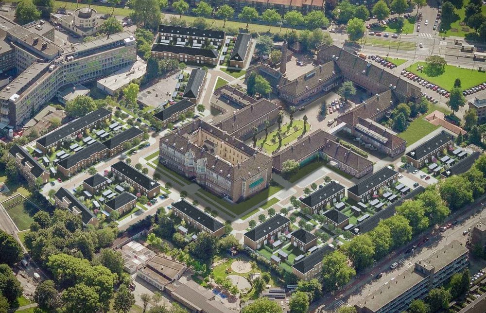 Groene wijk rondom oude ziekenhuis 'Zuider' in Rotterdam #duurzaam #herbestemming happybuildingindex.nl/nieuws/2017100…