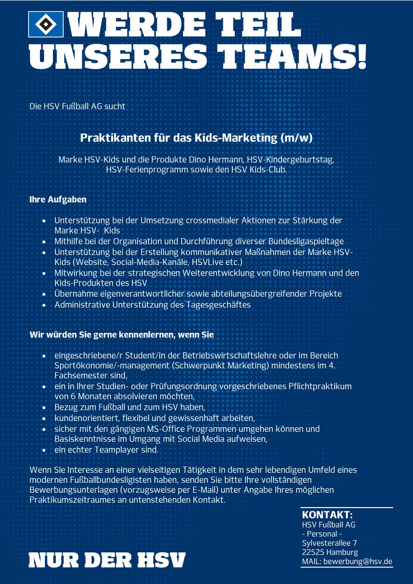 Hamburger Sv V Twitter Du Bist Kreativ Und Kannst Gut Mit Kindern Umgehen Dann Bewirb Dich Fur Ein Praktikum Bei Uns In Der Abteilung Kids Marketing Zum 01 11 T Co Ichi7gdgpc
