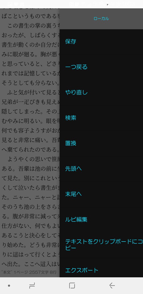 əm スマホで小説書く時に使ってる 小説を書こう がほんとに使いやすいのでダイマ シンプルで 見やすくて 文字数表示 アンドゥ機能 改行時に自動的に１マスあける機能 人物設定をメモするノート等 ルビも文字列置換も出来て 更にはタップひとつで全文