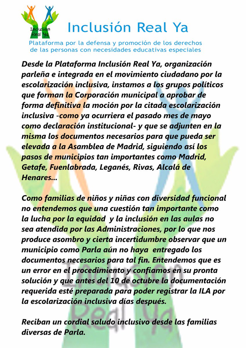 Instamos a aprobar de forma definitiva la moción escolarización inclusiva en #Parla .Nos jugamos mucho. #ILA