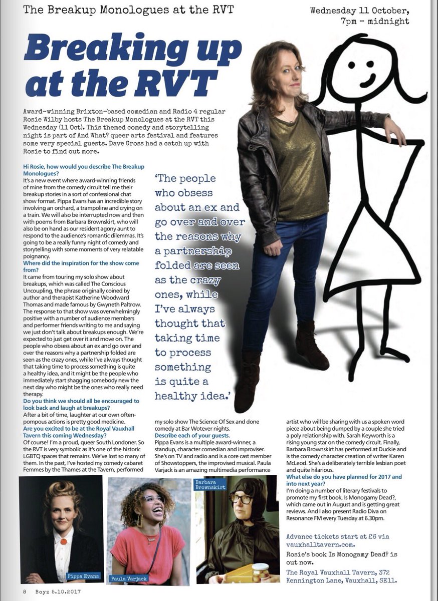 rosiewilby's tweet photo. Thanks to Boyz for preview feature for The Breakup Monologues next Weds @thervt https://t.co/0symVZoUqD