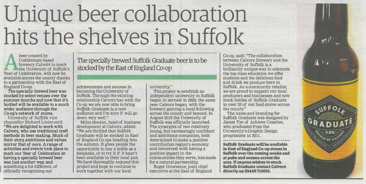 achievecr's tweet photo. Great to see the 'Suffolk Graduate' on the shelves and getting some exposure in @EADT24 @Calvors @UniofSuffolk #Design #LogoDesign #Ipswich https://t.co/I0qZLfEFjz