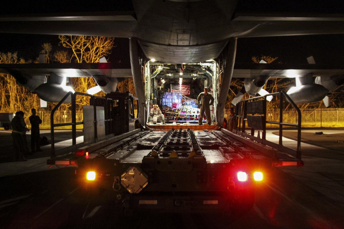 #Airmen from the @156AirliftWing unload and move supplies in #PuertoRico to provide food and water to residents after #HurricaneMaria.