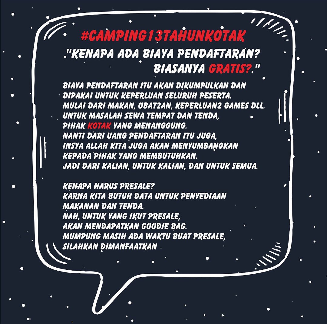 Kerabat Kotak !!!!!
Tau kan Presale Camping 13 tahun <a href="/kotakband_/">Official KOTAK</a> diperpanjaaaaaaaaaaaaaaaaaaaaanggggg !
Sila hub. @davidrianzi \m/