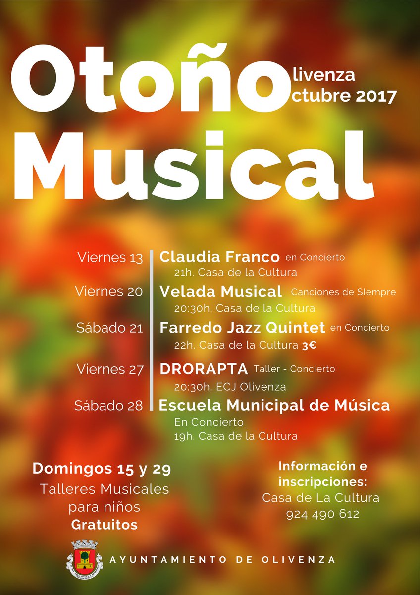 Horarios y lugares definitivos de los conciertos, taller concierto de rap y talleres infantiles gratuitos del Otoño Musical en #Olivenza