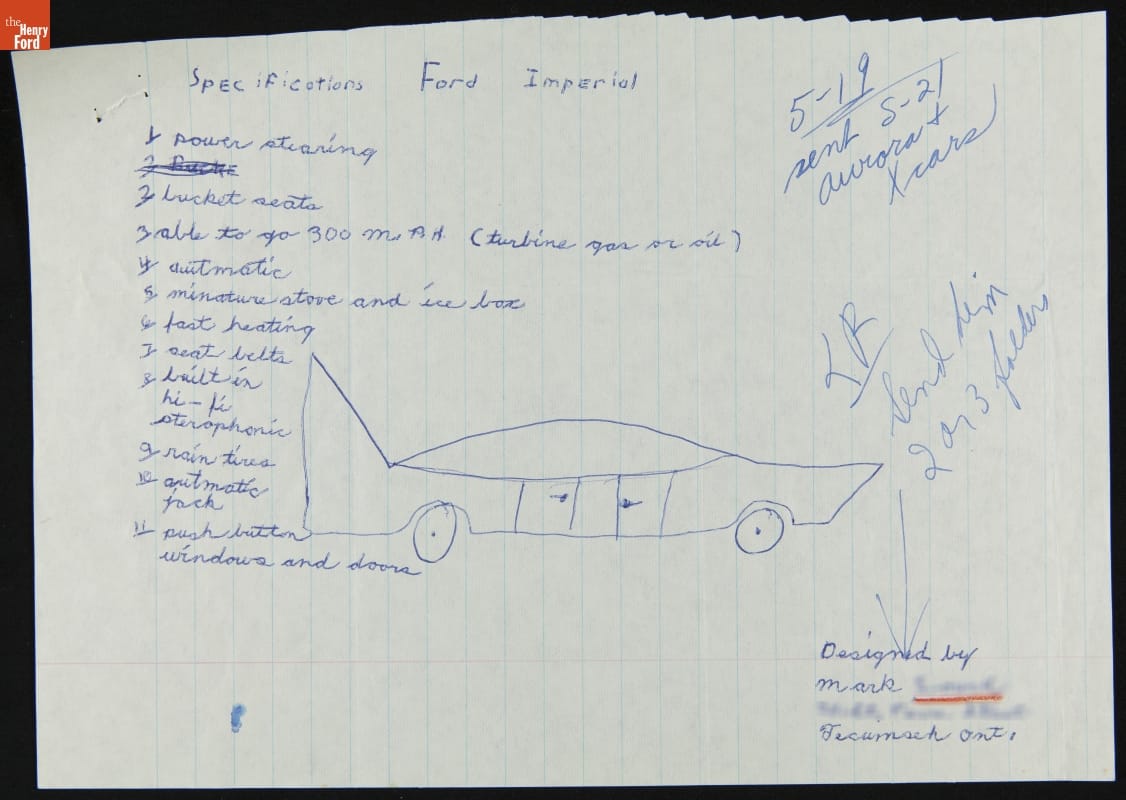 thehenryford's tweet photo. This child's car drawing sent t @ford from the 1960s  has a stove, icebox, seat belts, and can go 300mph! #askanarchivist THF268169 https://t.co/xH8b4D2CPf