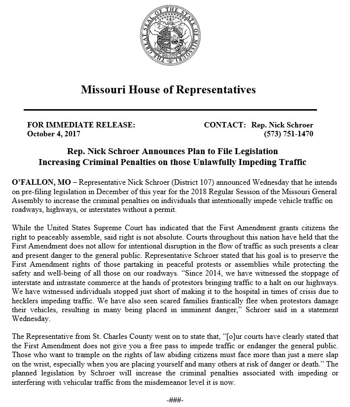 NickBSchroer's tweet photo. PRESS RELEASE: Rep. Nick Schroer Announces Plan to File Legislation
Increasing Criminal Penalties on those Unlawfully Impeding Traffic #moleg https://t.co/Nt2gvVxAUF