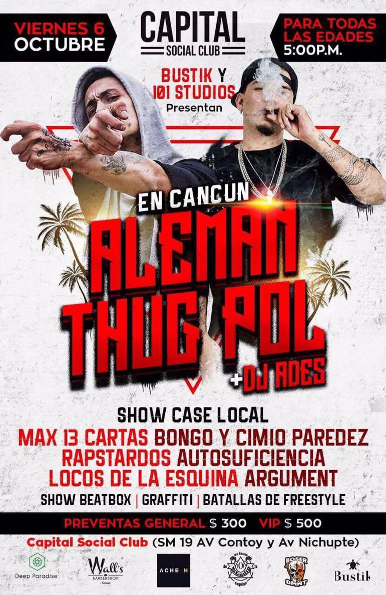 hugorockstar's tweet photo. Mañana firma de autógrafos @MxAlemanMx y @ThugPolMx en @WallsBarbershop #Cancun. 
Acceso boletos VIP, corre por tu preventa. 
😉🔥😈 #HugoRock https://t.co/JMcT8QoYKH