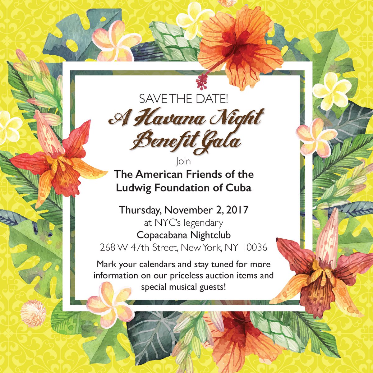 Save the Date for our annual A Havana Night Benefit Gala, honoring the cultural bridges that we continue to forge between the United States and Cuba! Find tickets here! eventbrite.com/e/a-havana-nig…