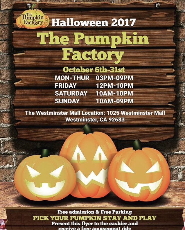 sergiocontreras's tweet photo. The Pumpkin Factory opens @ShopWestminster Mall this Fri, Oct. 6th. Bring the family,  pick your pumpkin and stay &amp; play! #spooky https://t.co/VrRBCuNYyx