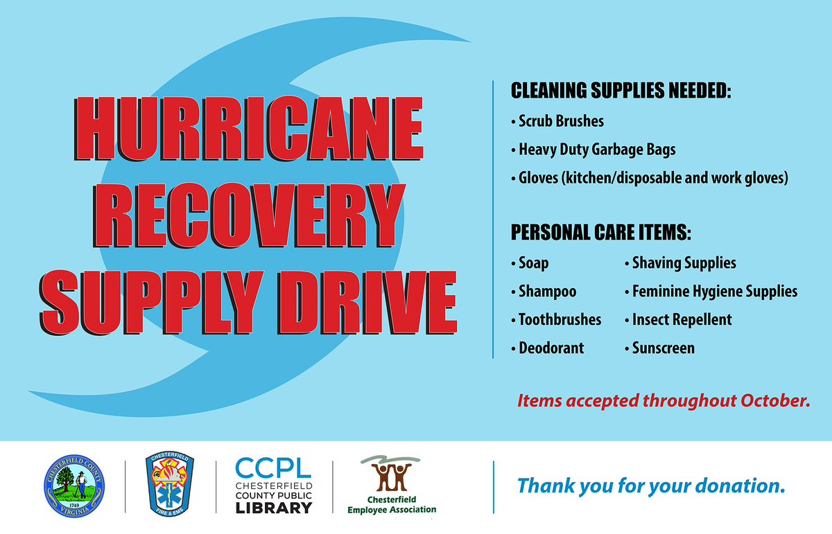 Donate supplies for hurricane recovery! Drop off at <a href="/CCPLVA/">Chesterfield Library</a>  locations this month.