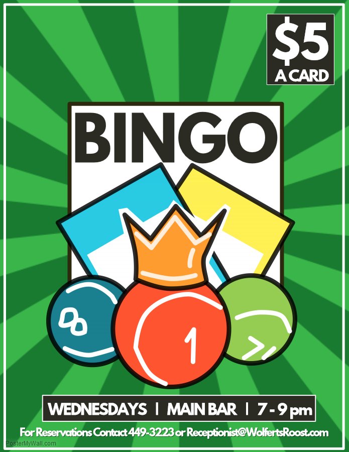 wolfertsroostcc's tweet photo. Bingo &amp; Build Your Own Burger Tonight! :-) 
$5 a card, $11 a burger, 7pm-9pm https://t.co/duWl6X8LiF