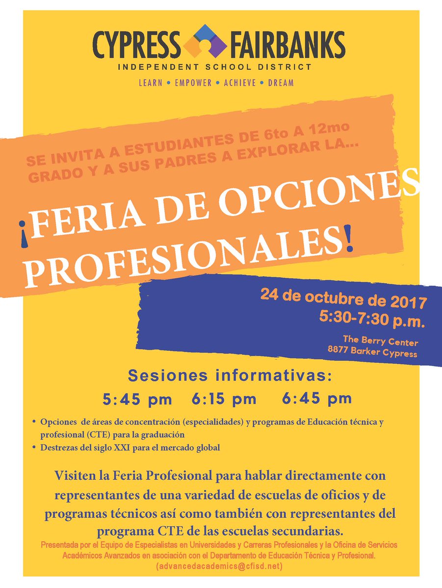 CyLakesLibrary's tweet photo. S T U D E N T S &amp; P A R E N T S @CFISDCyLakes A R E  I N V I T E D. . Career Options Fair ¡FERIA DE OPCIONES PROFESIONALES! https://t.co/9FVqAewn36