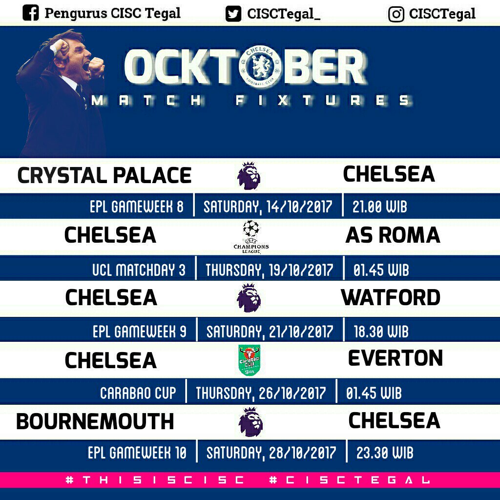 CISCtegal_'s tweet photo. Jadwal @chelseafc bulan Oktober LUR's 👊
#ThisIsCISC #CISCtegal https://t.co/k7LAagVsJF