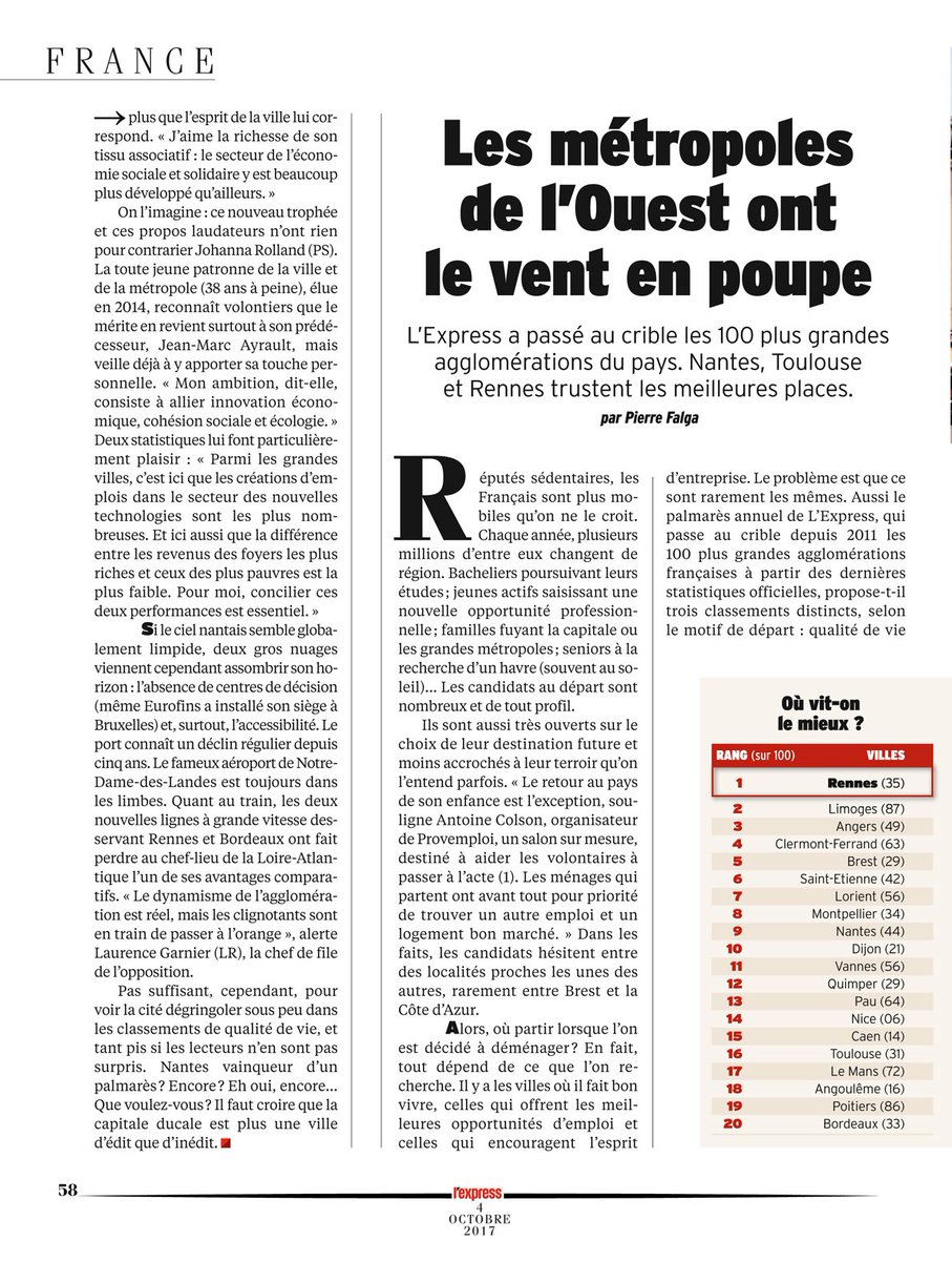 nathalieappere's tweet image. Rennes, 1ère ville de France où il fait bon vivre ! C'est l'@LEXPRESS qui le dit dans son classement 2017 #fierté #onlâcherien