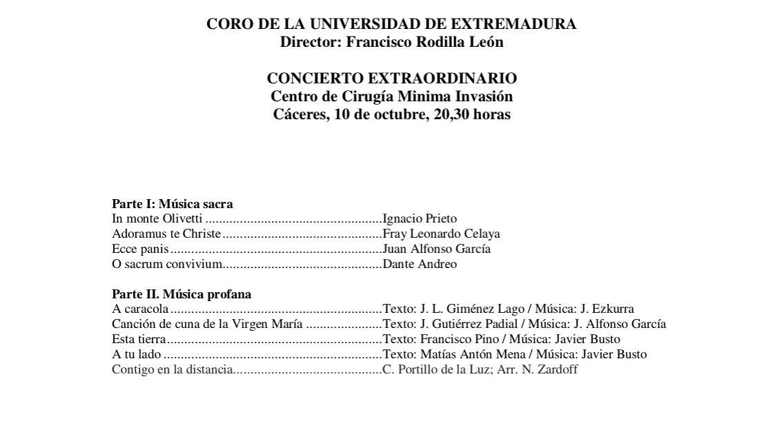 ATPsintasa's tweet photo. Concierto del Coro Uex el día 10/10/17 a las 20:30h en el Centro de Cirugía de Mínima Invasión. ¡Os esperamos! https://t.co/tzENpHPhD5