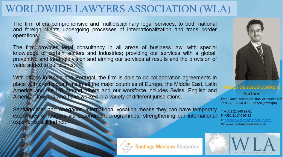 WLA_2015's tweet photo. Meet one of our joining member, Mr. Paulo De Jesus Correia  
#WLAExpertAdvisors #SantiagoMedianoAbogados #Portugal https://t.co/fPsyWPohak