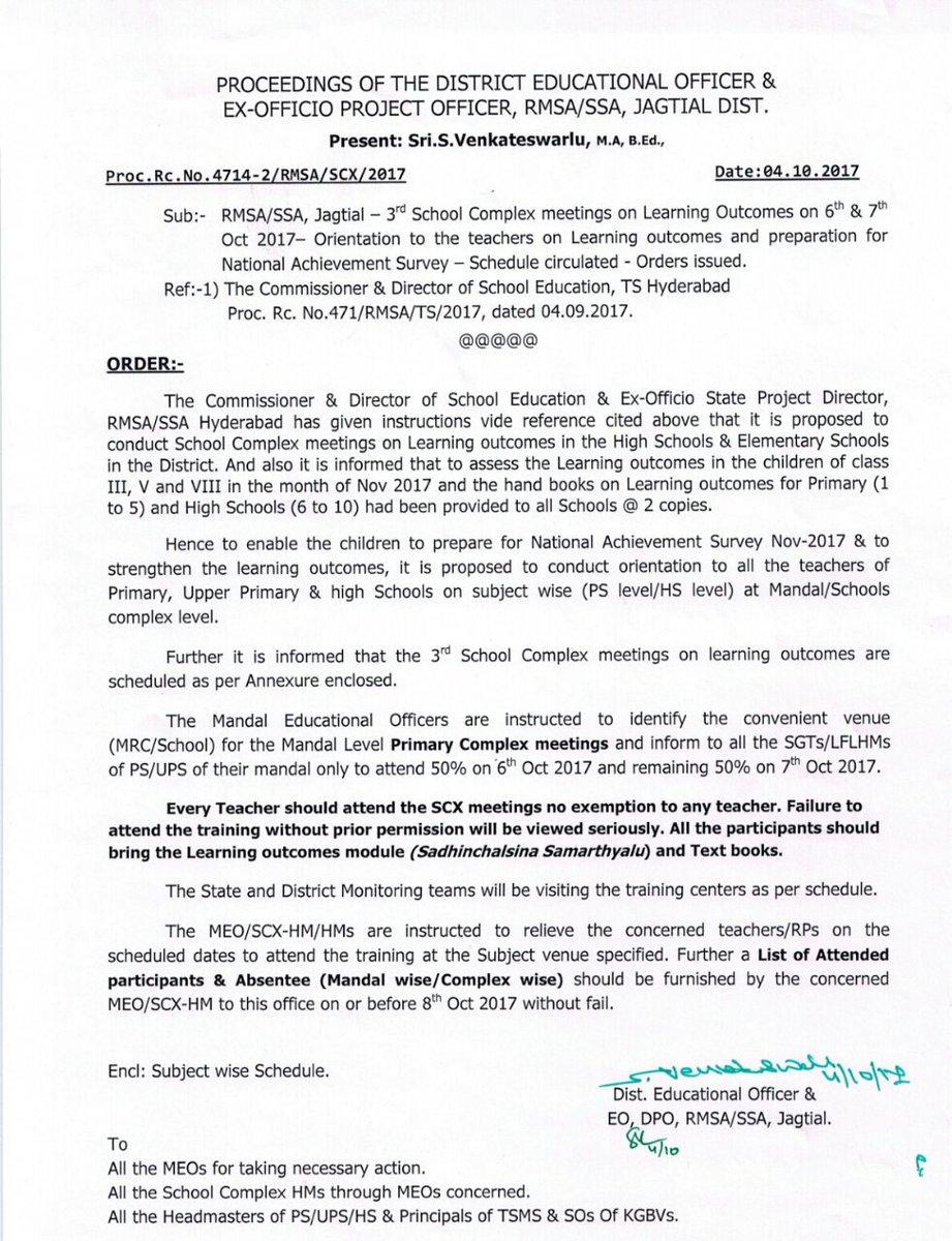 TUTAKNR's tweet photo. #Jagtial
#RcNo :4714-2/RMSA/SCX/2017
Dt: 04-10-2017
#SchoolComplex Meetings on Learning Outcomes on 6th & 7th October 2017.
#Schedule https://t.co/G62dL9NLSf
