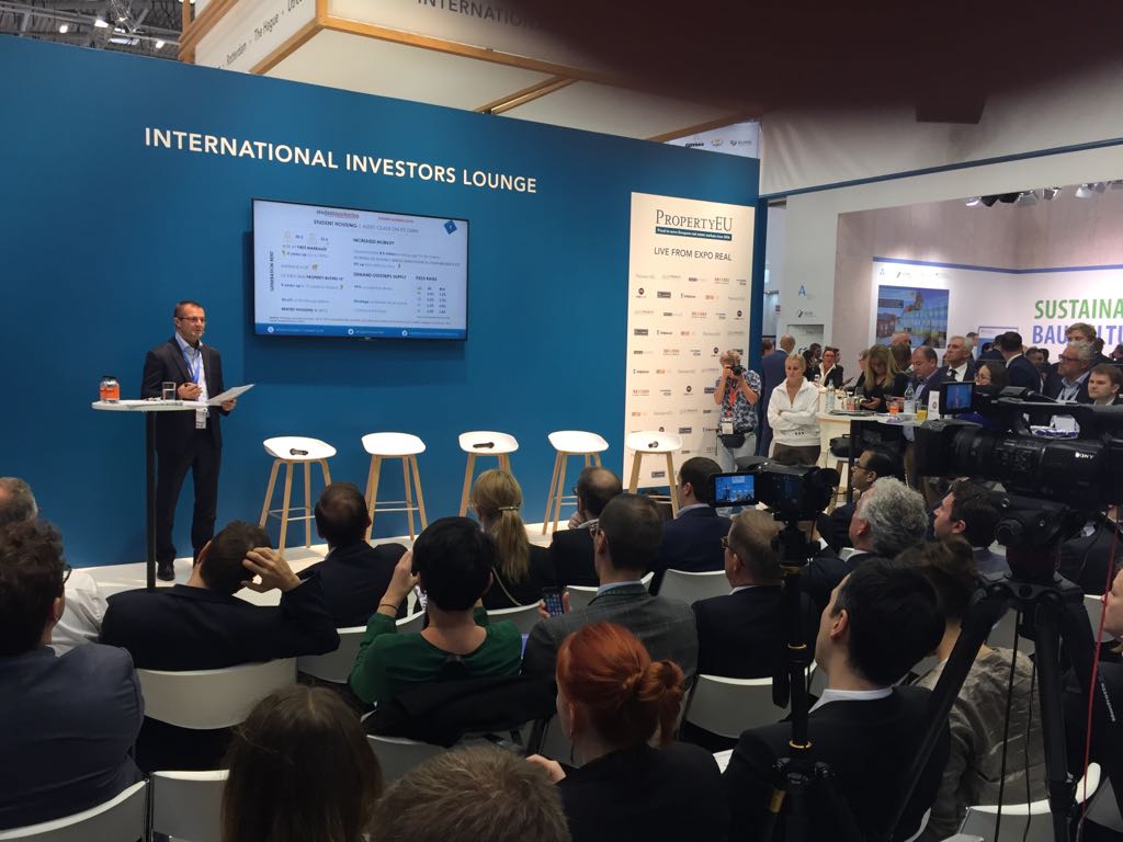 SamuelVetrak's tweet photo. LIVE from #ExpoReal: "2 million mobile students in the EU, and shortage of private #PBSA stock." #PropertyEU #ExpoReal2017 #studenthousing https://t.co/igH2e6qYVK