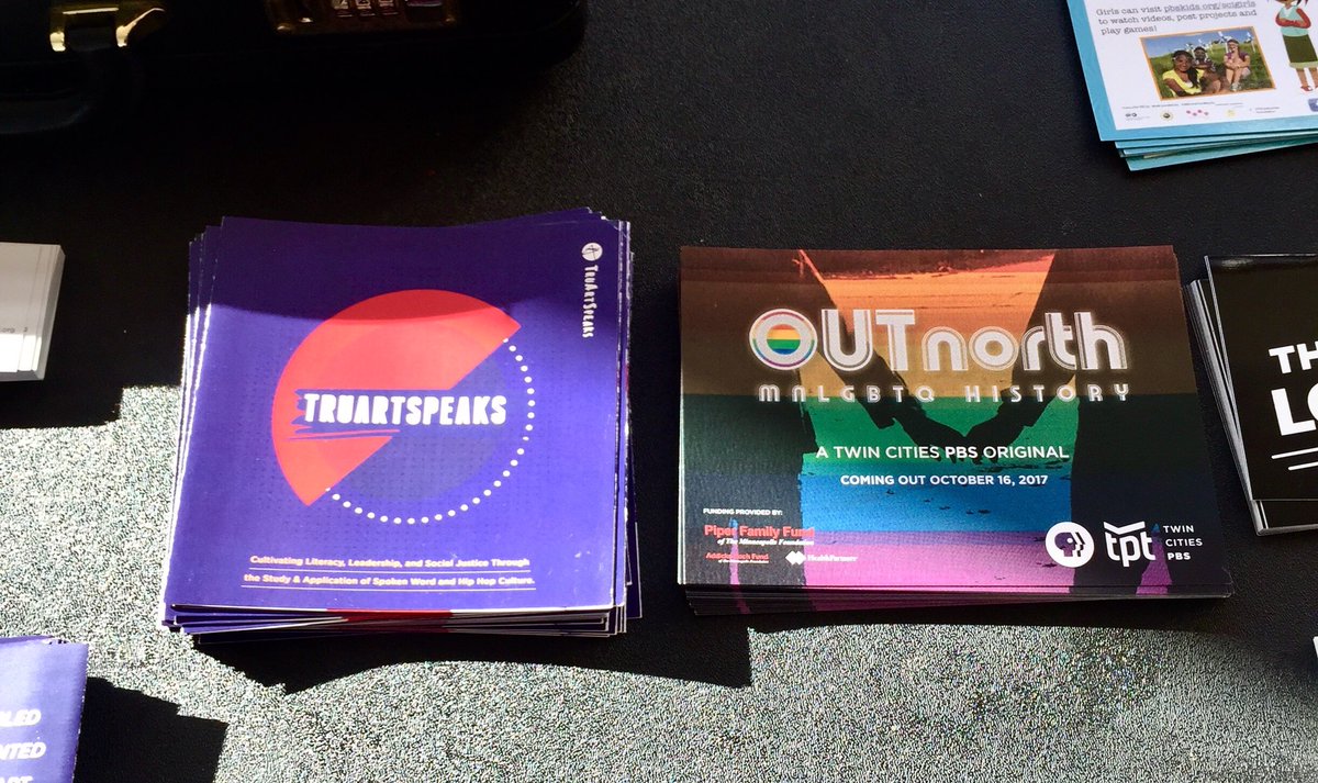 TruArtSpeaks's tweet photo. Just happened to share a table with @tpt at #QQuest today. Their #OutNorthDoc on MN LGBTQ history debuts 10/16. https://t.co/9mTNmb1V0j