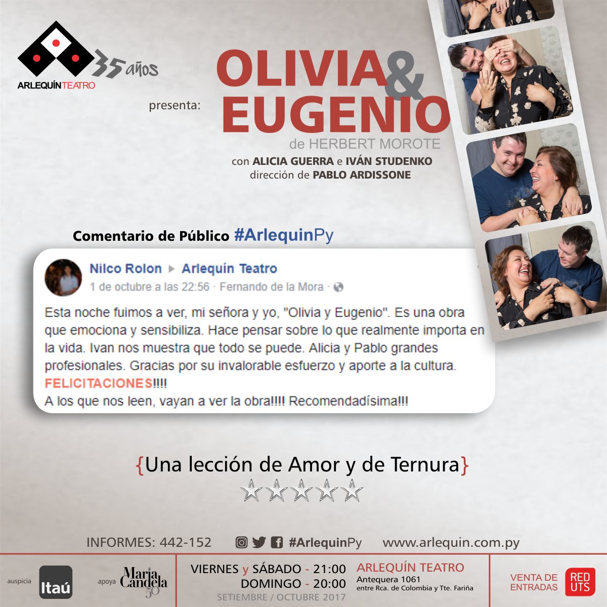 ArlequinPy's tweet photo. #OYE Comentan que...
"OLIVIA & EUGENIO" tocarán tu corazón. #ArlequinPy
Seguimos este fin de semana. Entradas en @RedUTS_Py #TeatroPy https://t.co/uBeNWkasxs