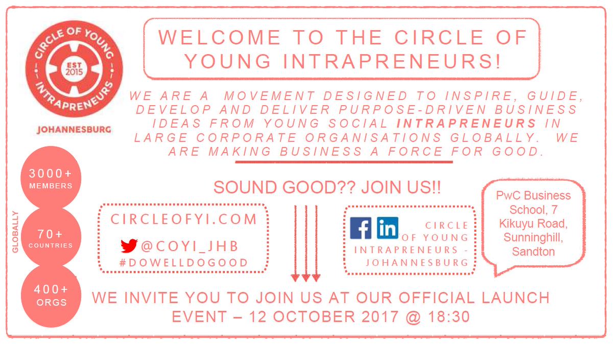 coyi_jhb's tweet photo. Join us at our official launch event!!  12 October 2017 at the PwC Business School. 
https://t.co/49Nbg8adEF https://t.co/j7nYyvKPkK