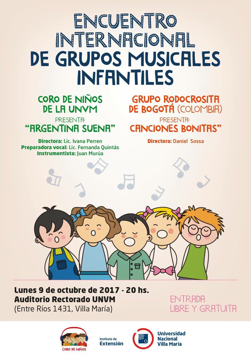 [Encuentro Coral | El Coro de Niños de la <a href="/UNVM/">UNVM</a>, junto al Grupo Rodocrosita de Bogotá, presentarán "Argentina Suena" y "Canciones Bonitas”]