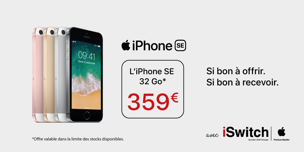 iSwitchAPR's tweet photo. Votre #iPhoneSE 32Go à 359,00€ dans vos boutiques #iSwitch ! https://t.co/SM79wCKOUf https://t.co/jWmMMPGXF3
