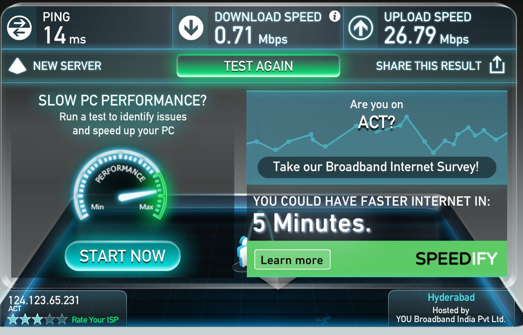 sathwik77's tweet photo. @ACTFibernet 650 rupees for this speed? So called 40mbps plan. You guys suck to the core. #ACTFibernetSucks https://t.co/cMAsQ2Mk7r
