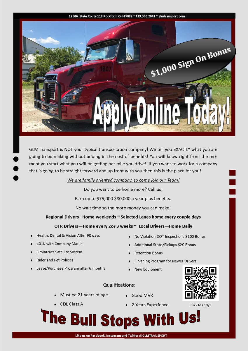 GLMTRANSPORT's tweet photo. Now Hiring!! $1,000 sign on bonus!
#Hiring #trucking #trucksmovetheworld https://t.co/UhmODoVNLr