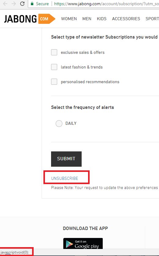 kajalkaspate's tweet photo. Dear @JabongIndia I want to unsubscribe but cannot if you cheat and code javascript:void() on unsubscribe link! Please get this sh*t sorted! https://t.co/NkFjixMMmW