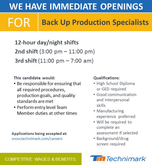 Become a member of the #Technimark Team! Check out our Back Up Production Specialist position here: technimark.com/careers/ #Asheboro