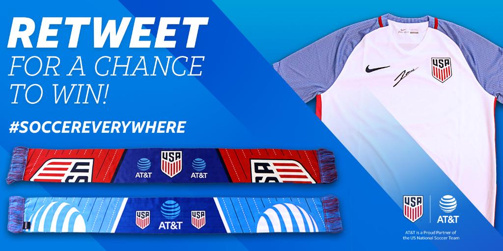 ATT's tweet photo. .@ussoccer fans! Retweet for a chance to win a ⚽ scarf or a signed @JmoSmooth13 jersey! #SoccerEverywhere #sweeps https://t.co/NcA7Bo0ru9 https://t.co/GUkvyM8xkA