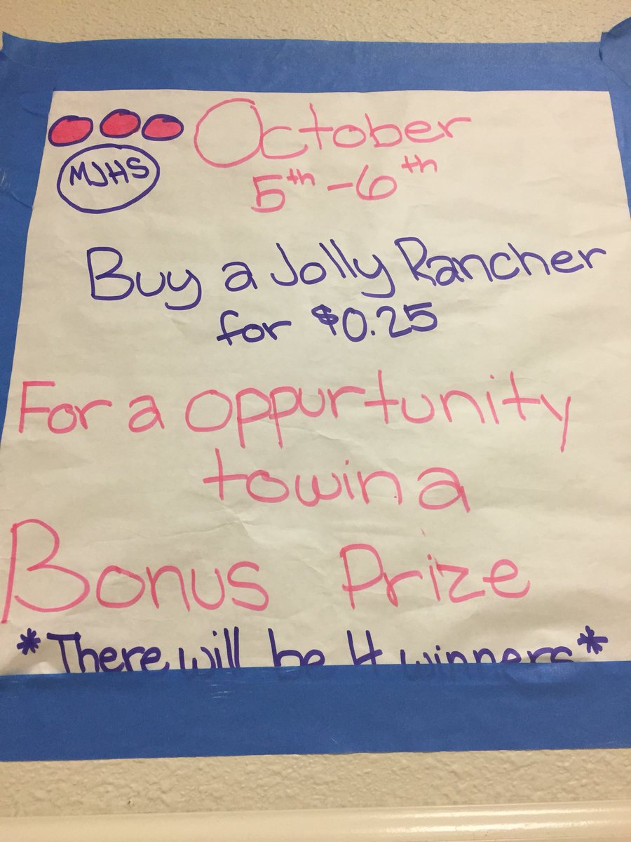 Buy a Jolly Rancher at lunch, on the 5th-6th of October for a chance to win a prize. There will be 4 winners. #tweentweet #bullpuppride